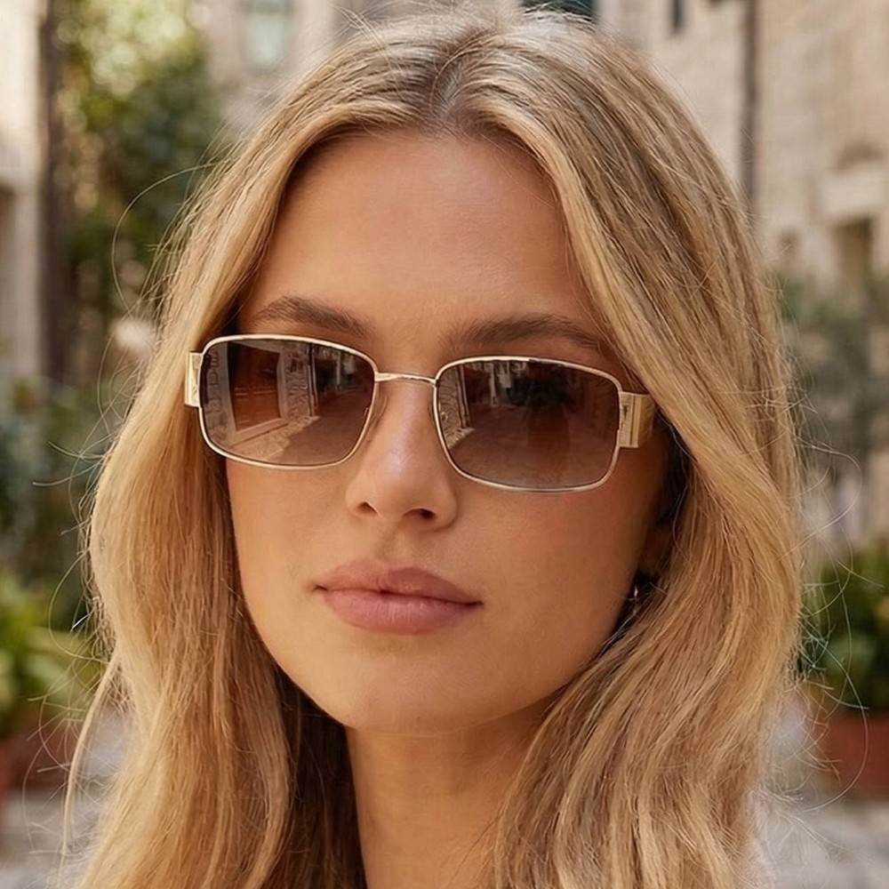 Metallic Frame Rectangle Sunglasses Set