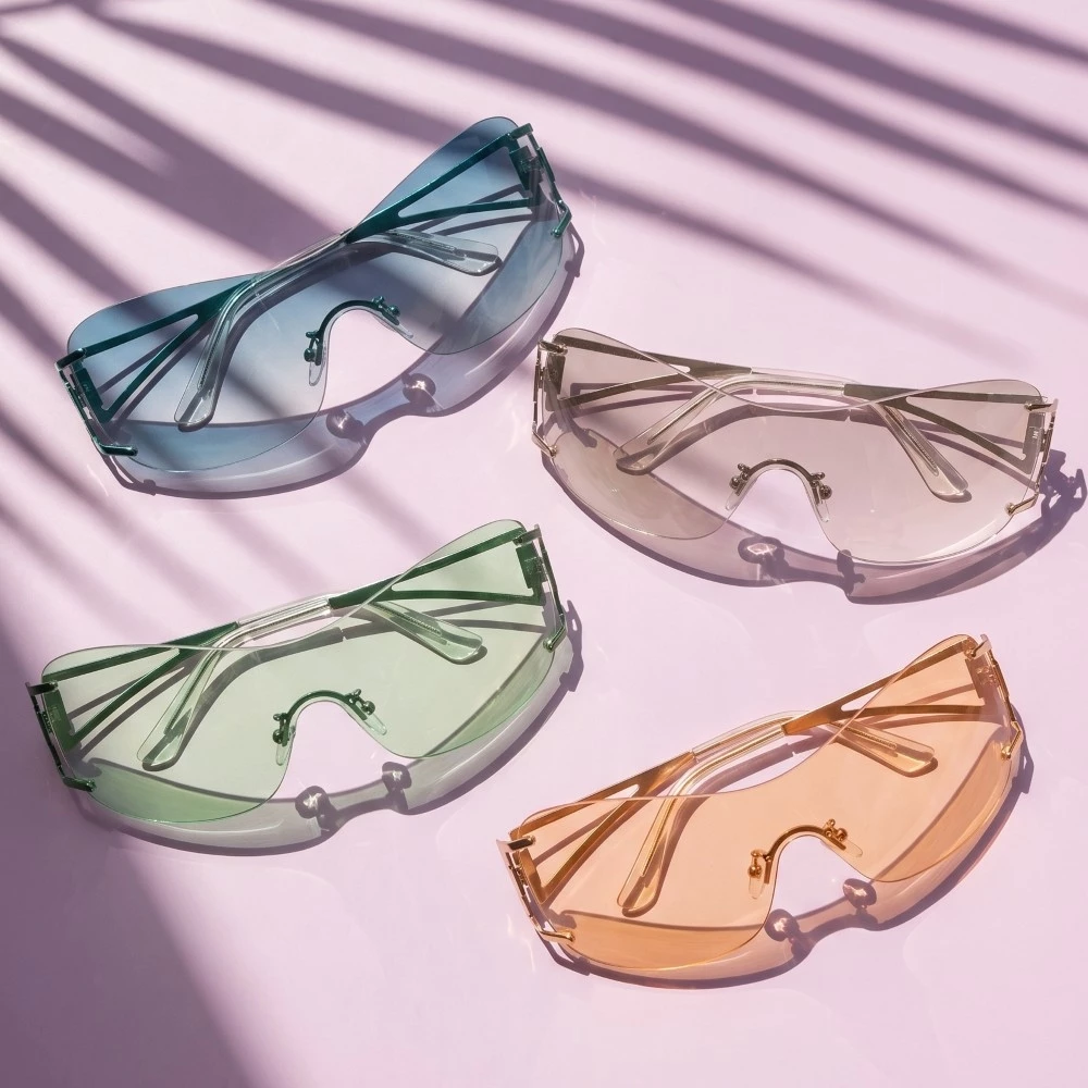 Rimless Shield Wrap Sunglasses With Wave Temples