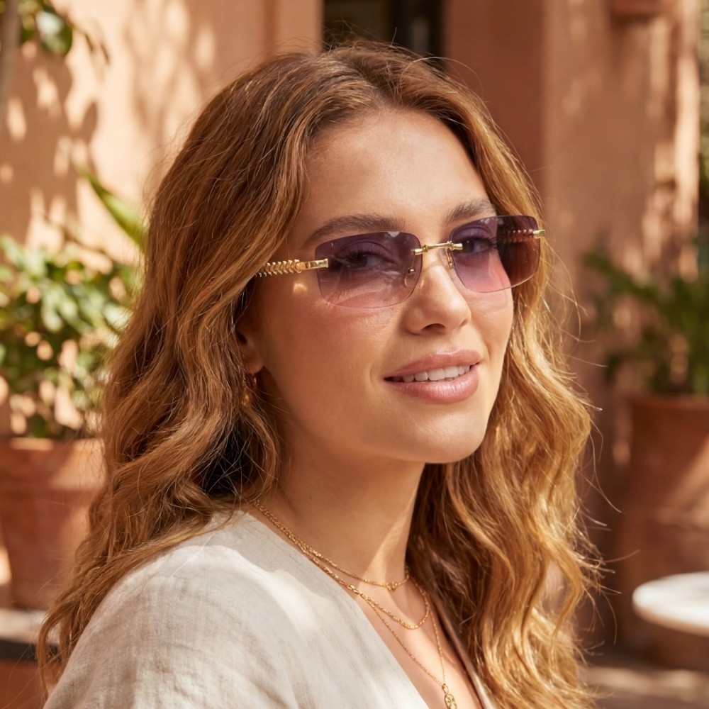 Rimless Rectangle Spike Studded Top Frame Sunglasses