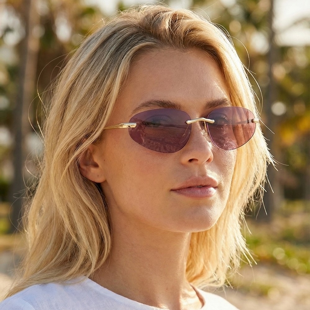 Rimless Oval Sunglasses With Double Bridge