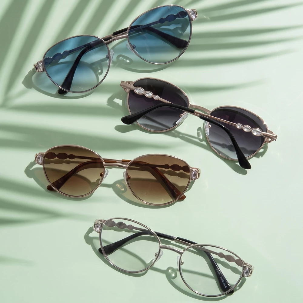 Round Double Bridge Crystal Temple Sunglasses