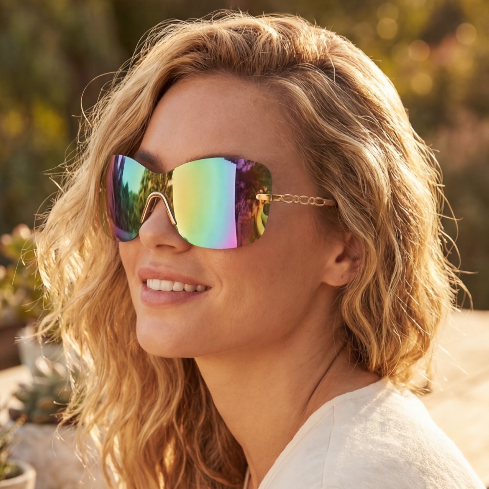 Rimless Shield Cat Eye Chain Temple Sunglasses