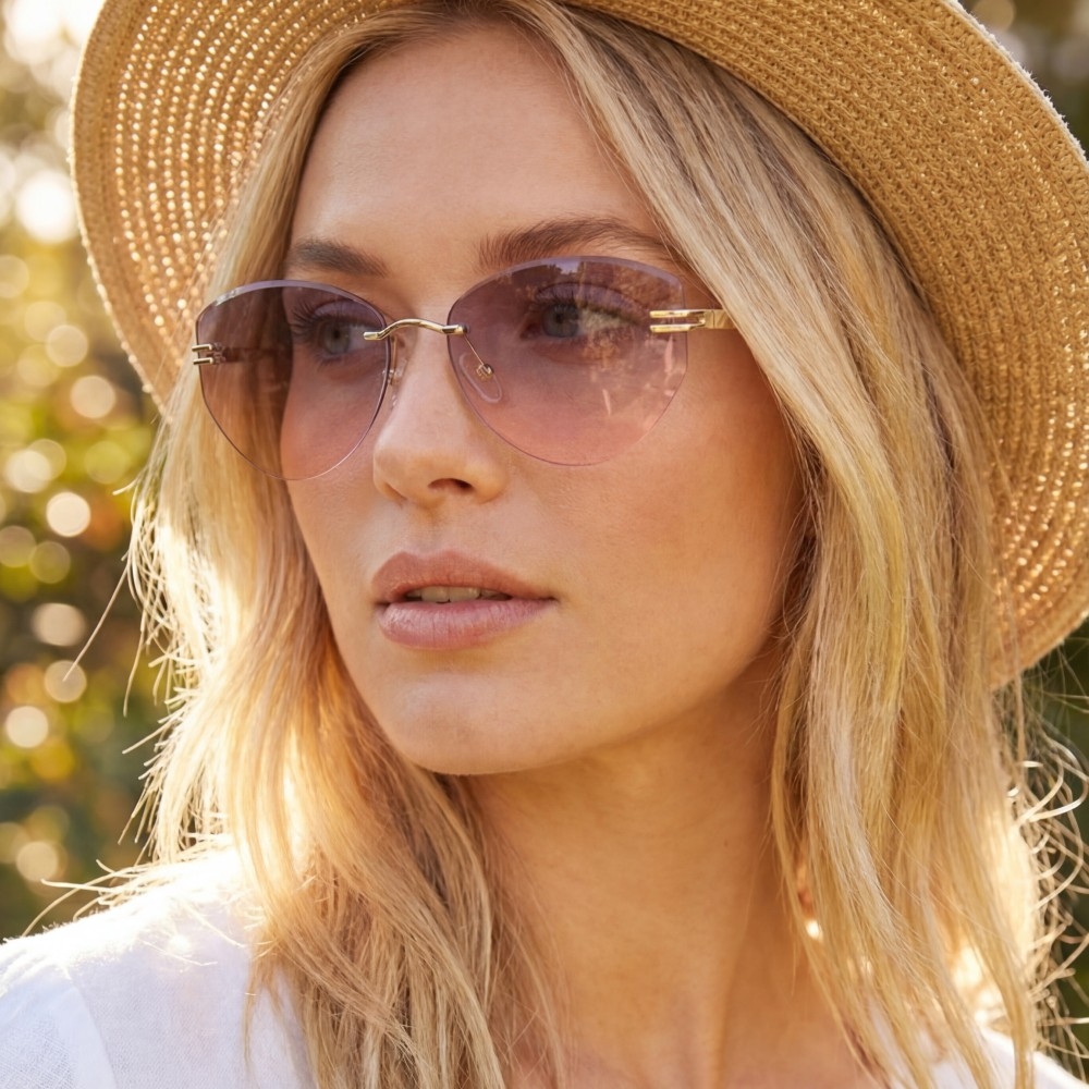 Rimless Wide Cat-Eye Bar Accent Sunglasses