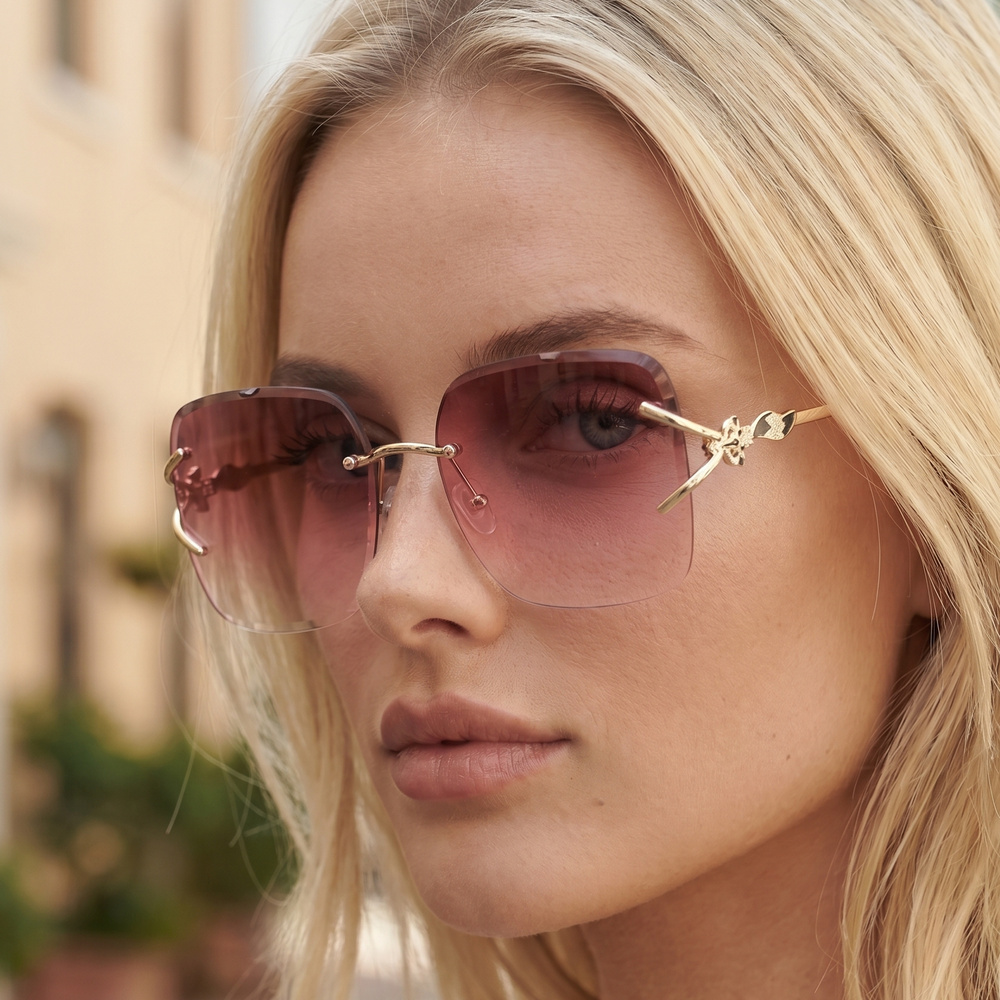 Rimless Oversized Square Brow Bar Sunglasses