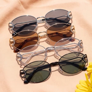 Slim Metal Oval Rhinestone Accent Tinted Sunglasses