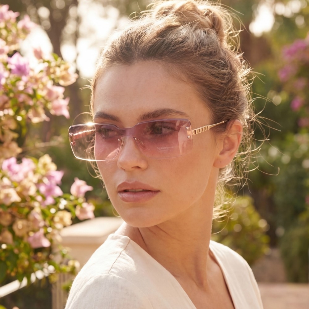 Rimless Rectangle Cube Bead Temple Sunglasses