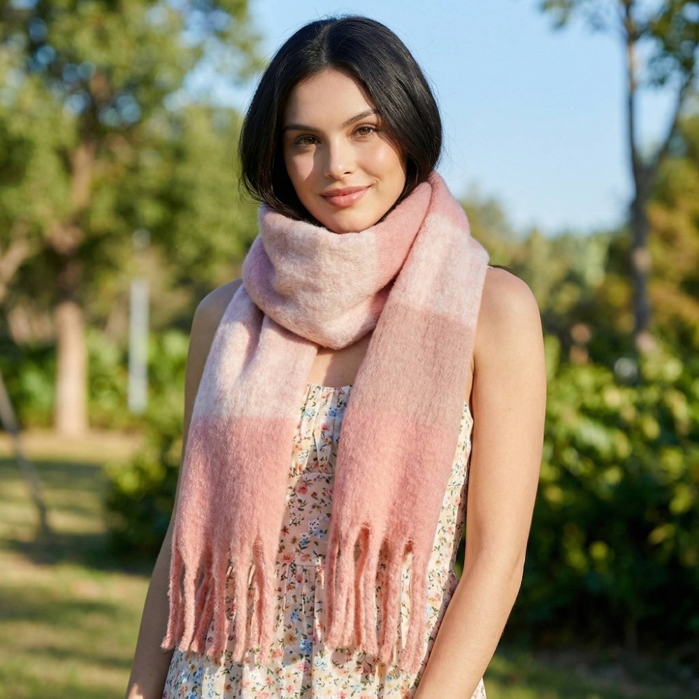 Soft Plaid Fringe Oblong Scarf