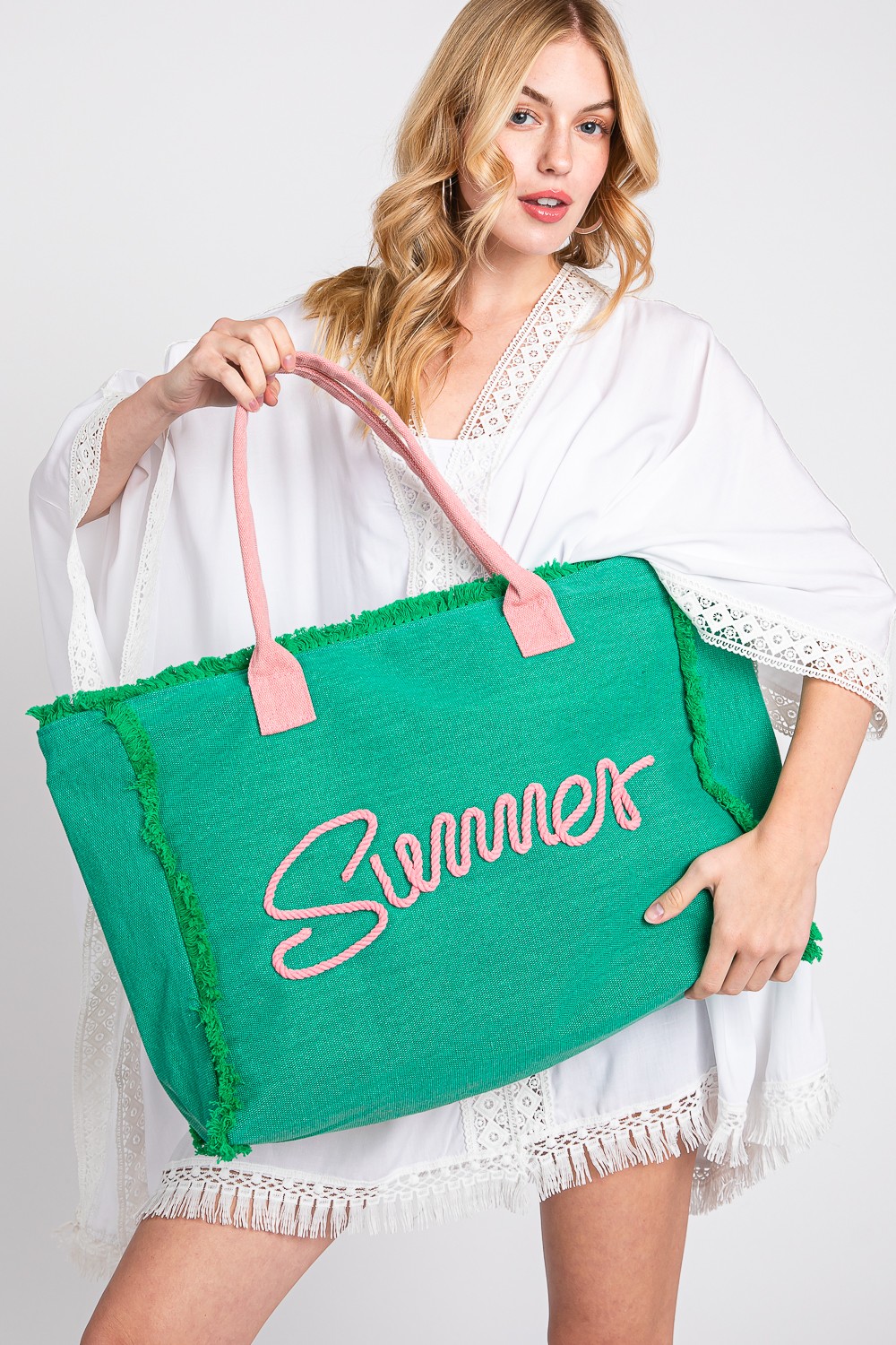 Embroidered Summer Print Fringe Tote Bag