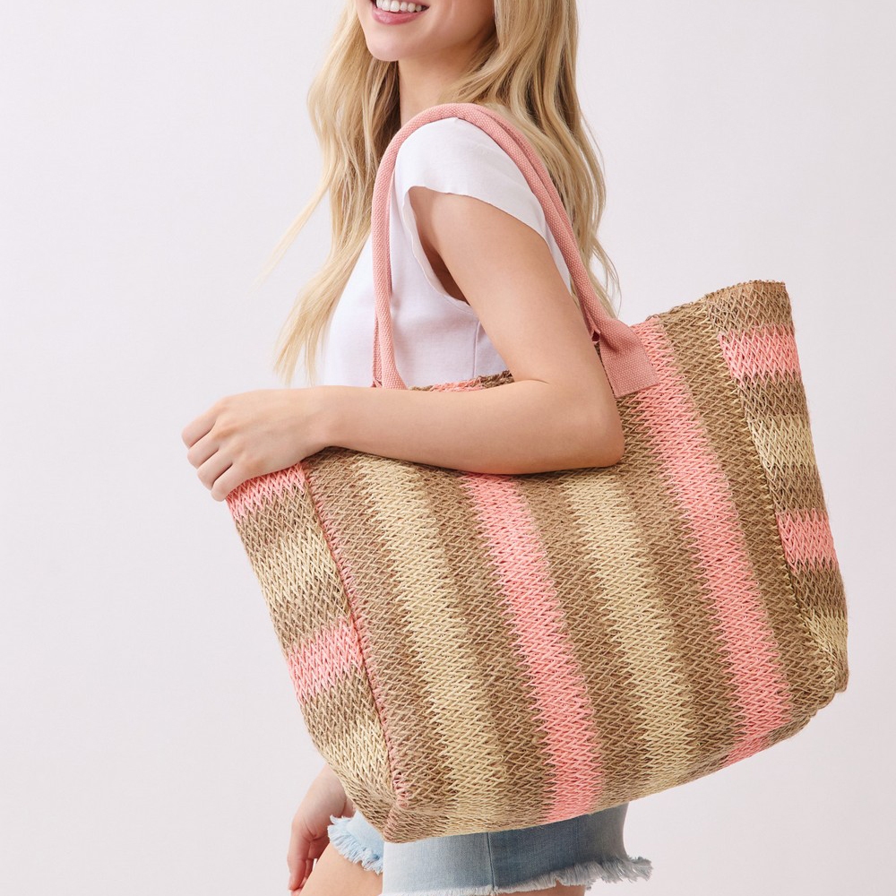Large Straw Braided Striped Tote Bag
