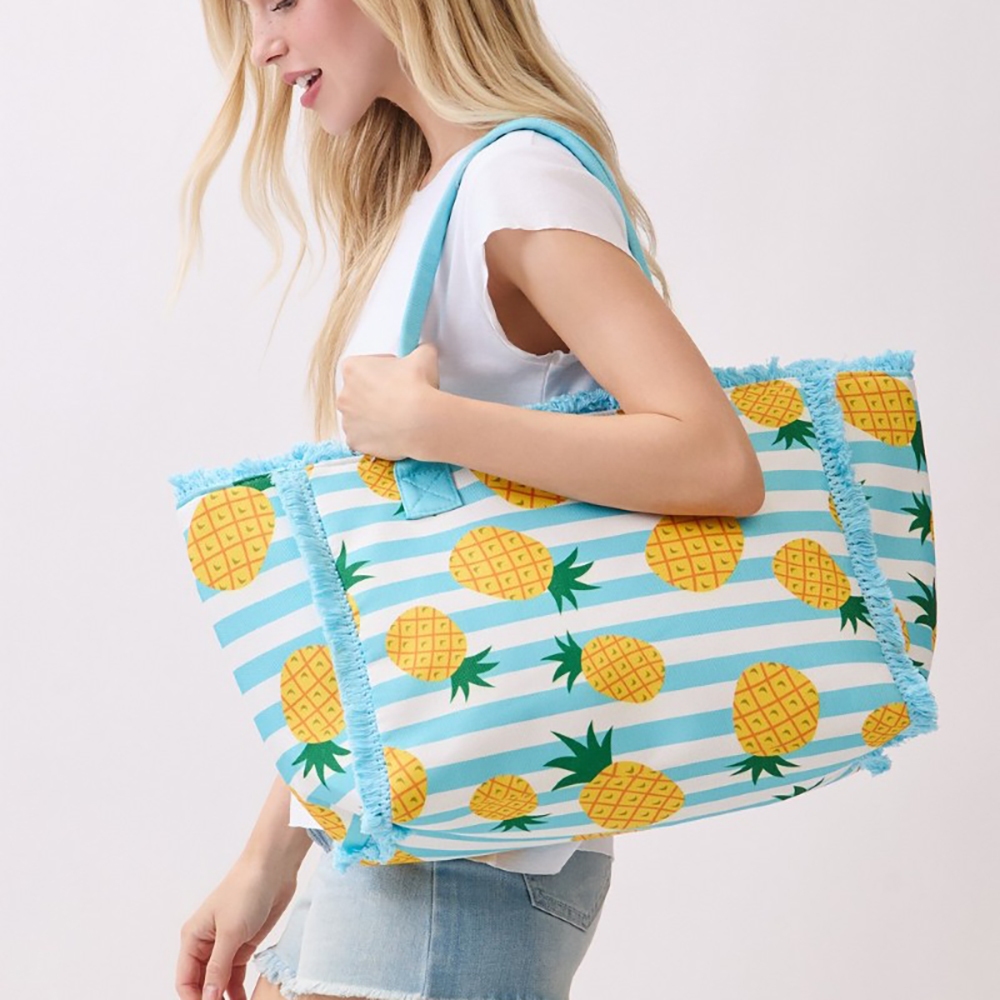 Pineapple Print Striped Tote Bag