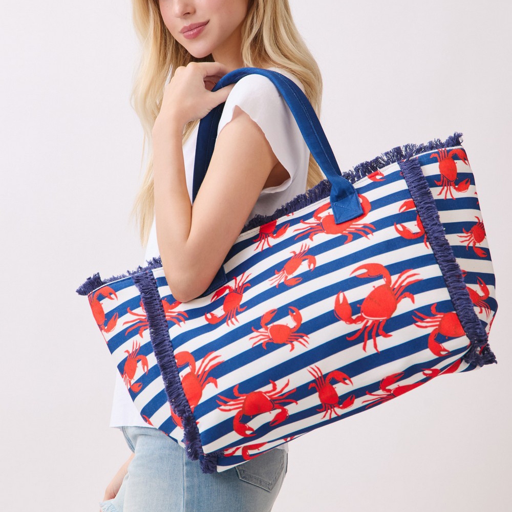 Crab Print Striped Tote Bag