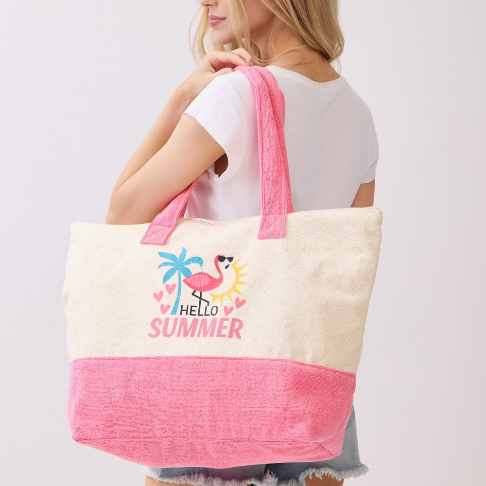 Hello Summer Pink Flamingo Terry Tote Bag