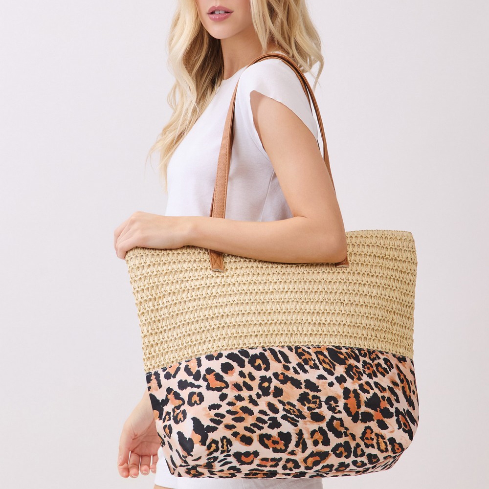 Straw Braided Leopard Print Tote Bag