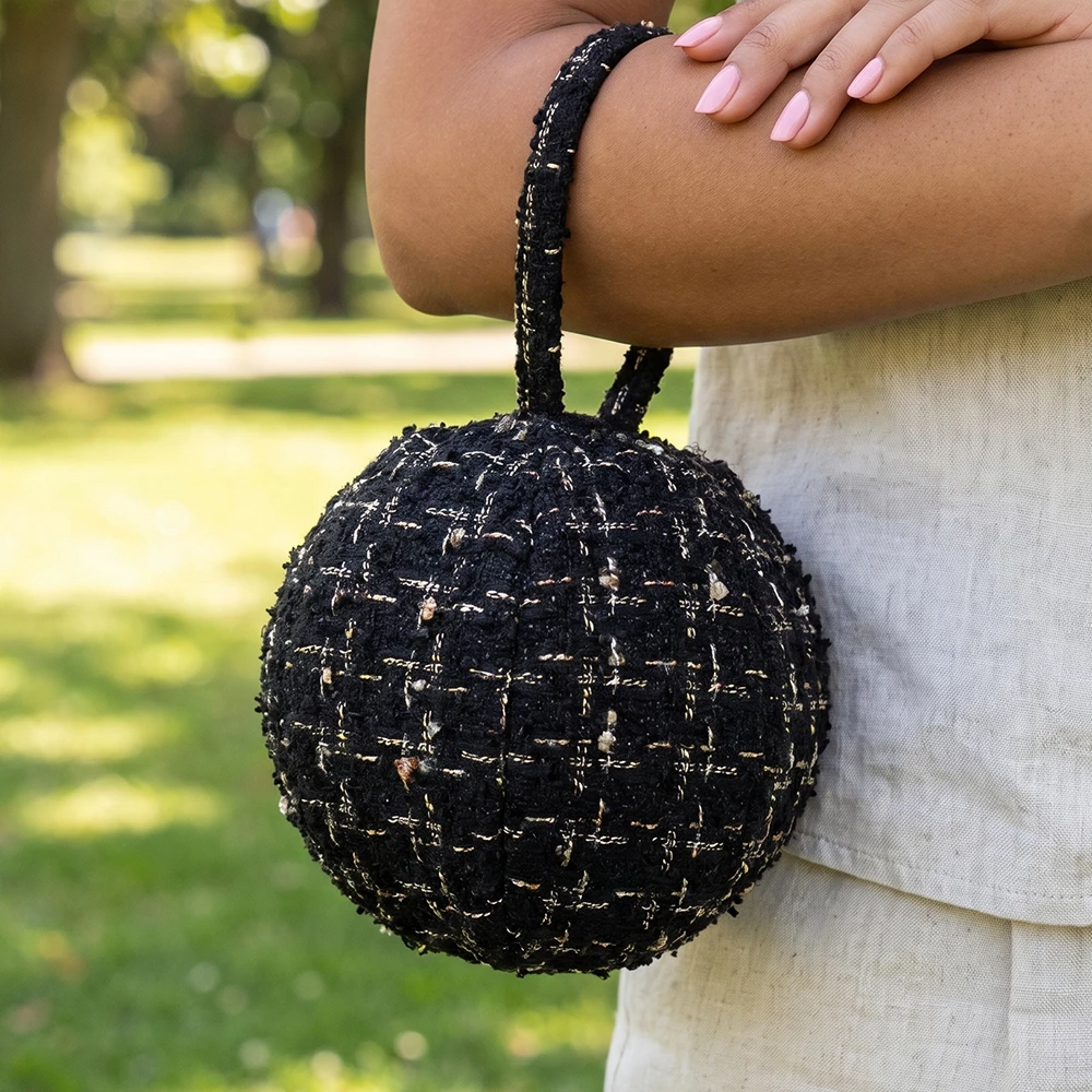 Tweed Round Ball Wristlet Bag With Ring Handle