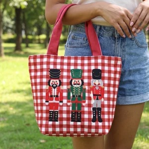 Three Nutcracker Embroidered Gingham Tote Bag