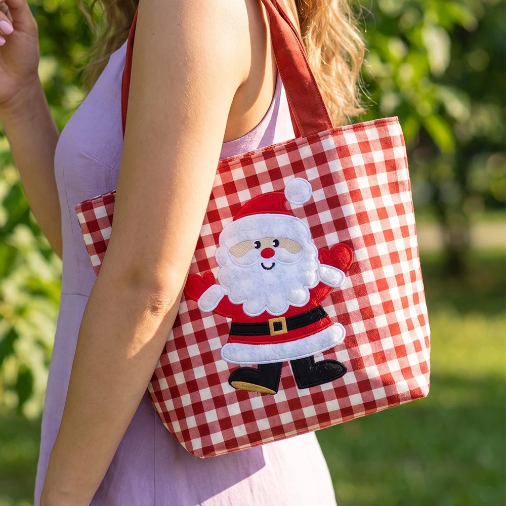 Santa Applique Gingham Tote Bag