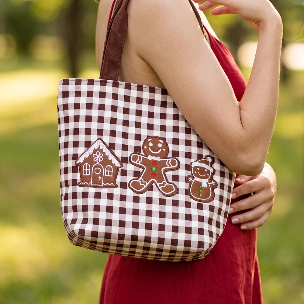 Gingerbread Applique Gingham Tote Bag