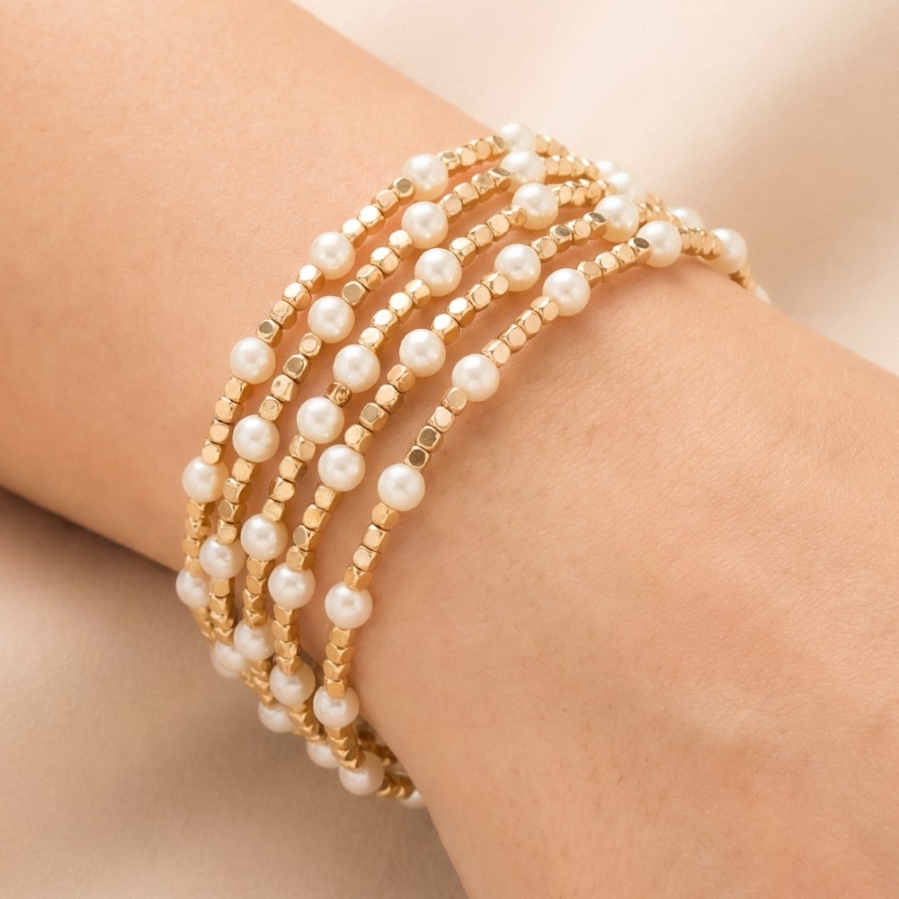 Pearl Gold Cube Bead Stretch Bracelet Set