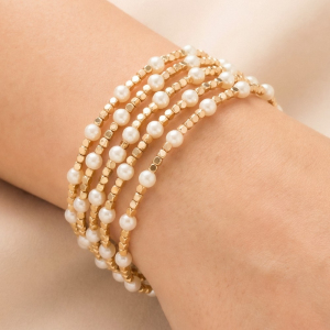 Pearl Gold Cube Bead Stretch Bracelet Set