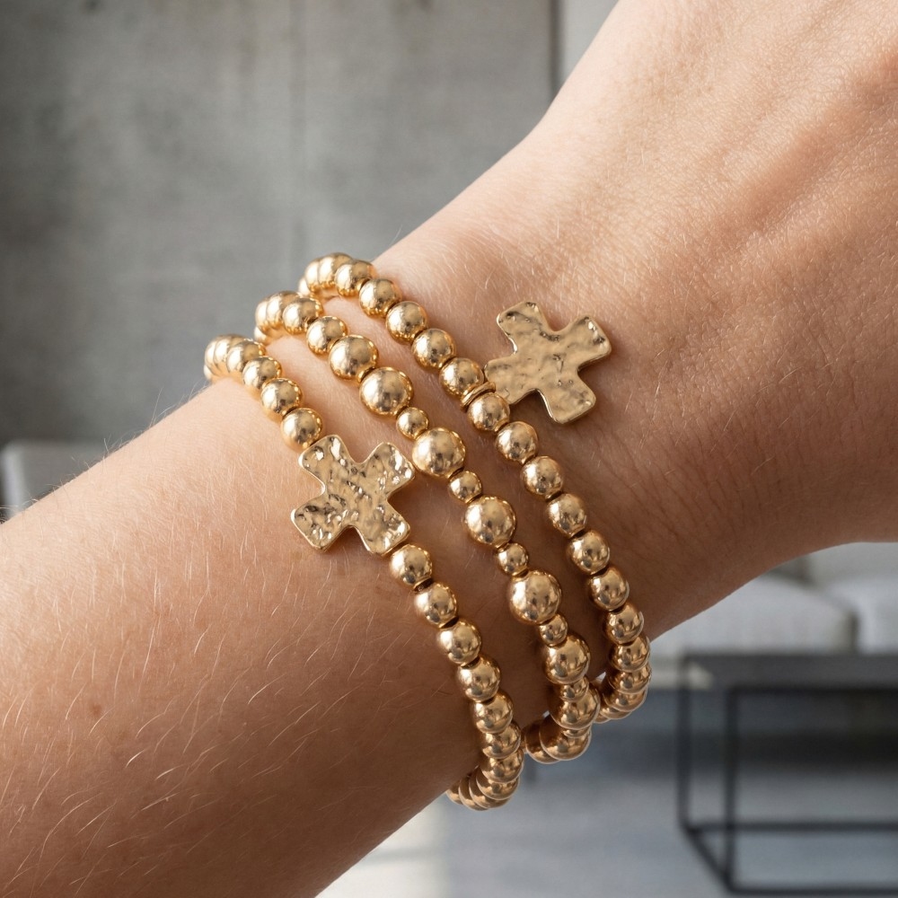 Hammered Cross Charm Metallic Beaded Bracelet Set