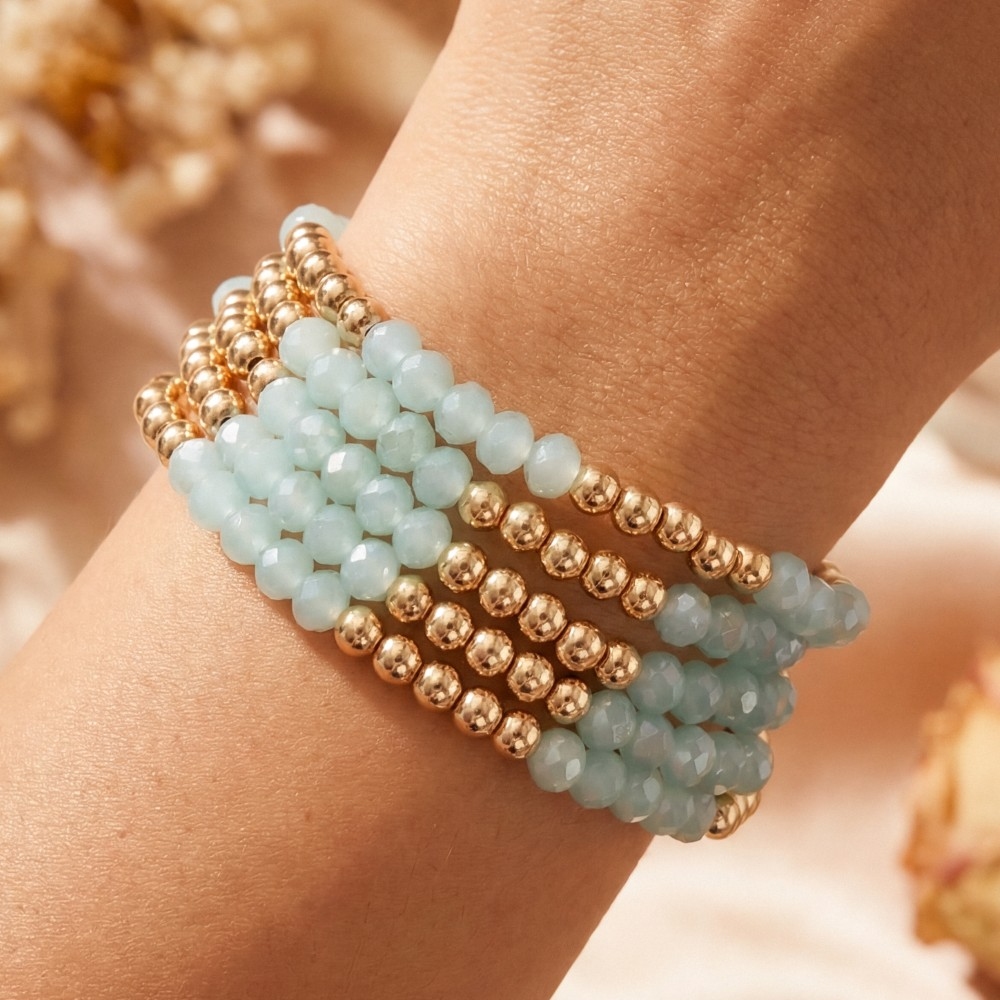 Crystal Gold Ball Beaded Stretch Bracelet Set