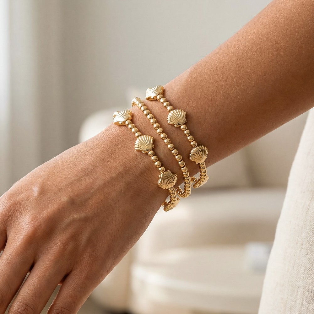 Metallic Sea Shell Station Beaded Bracelet Set