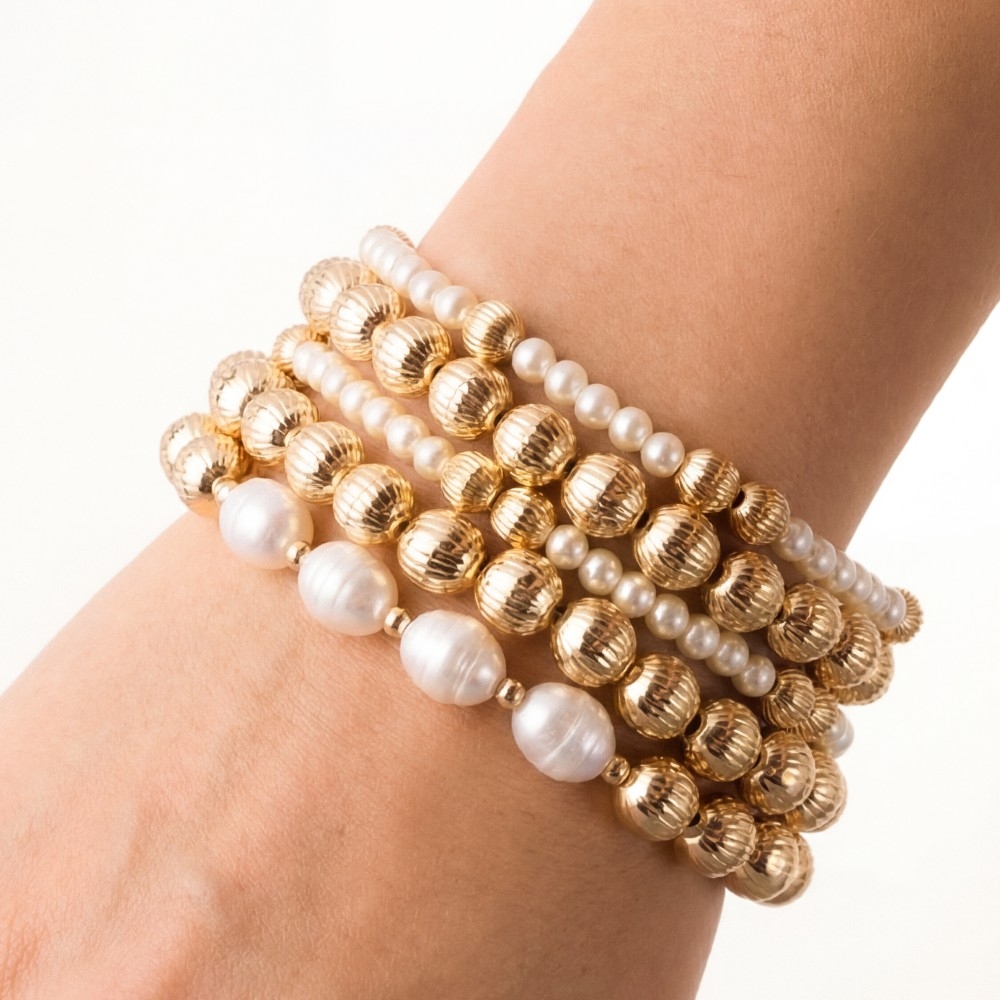 Ribbed Gold Bead And Pearl Stretch Bracelet Set