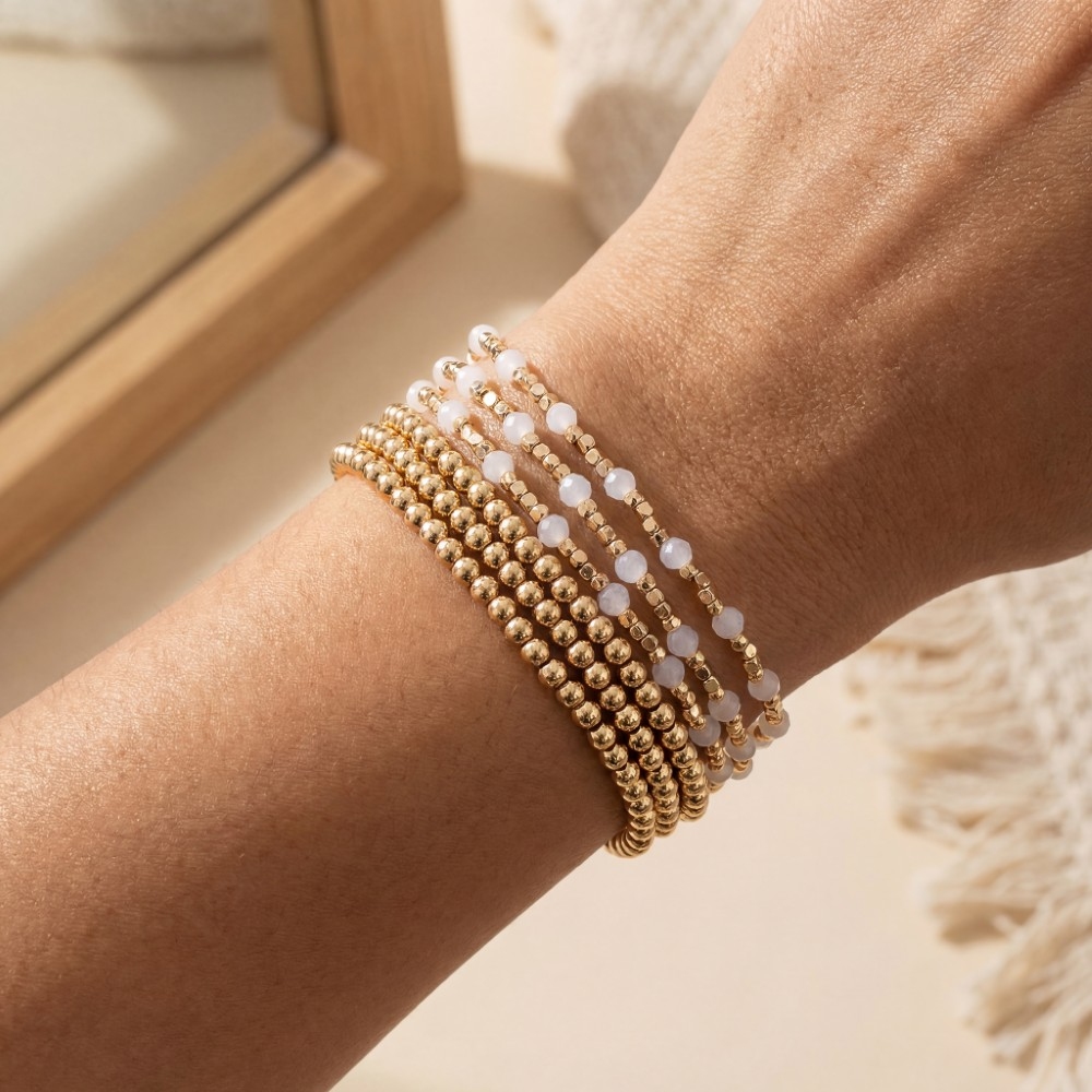 Metallic And Faceted Beaded Elastic Bracelet Set