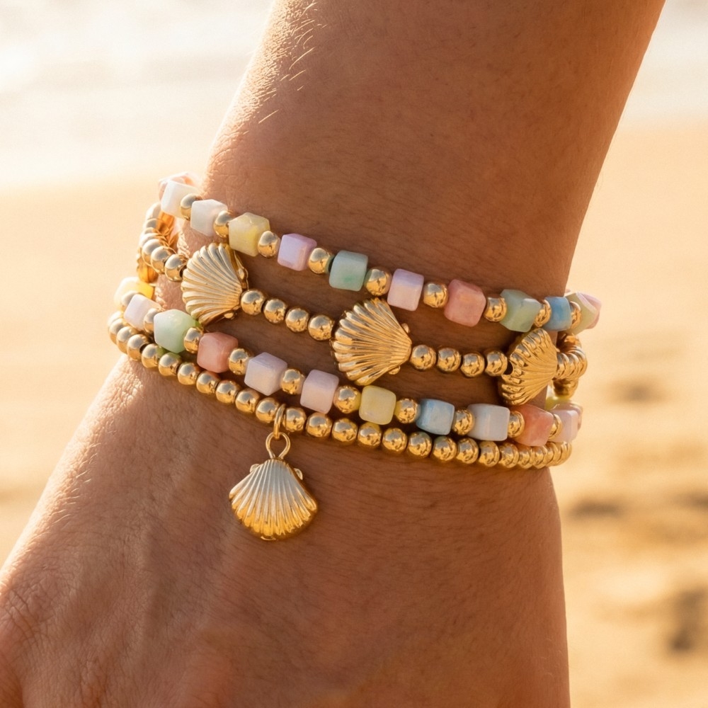 Seashell Charms Beaded Stretch Bracelet Set
