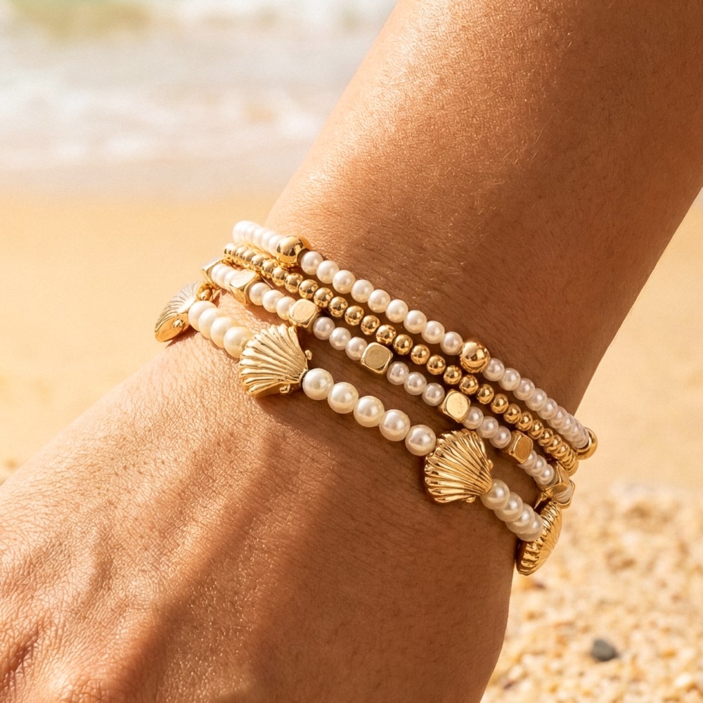 Pearl Beaded And Seashell Charms Stretch Bracelet Set