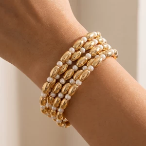 Oval Bead And Pearl Stretch Bracelet Set