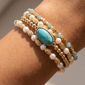 Oval Stone Pearl And Bead Stretch Bracelet Set