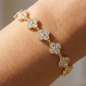 Gold Dipped Rhinestone Clover Station Bracelet