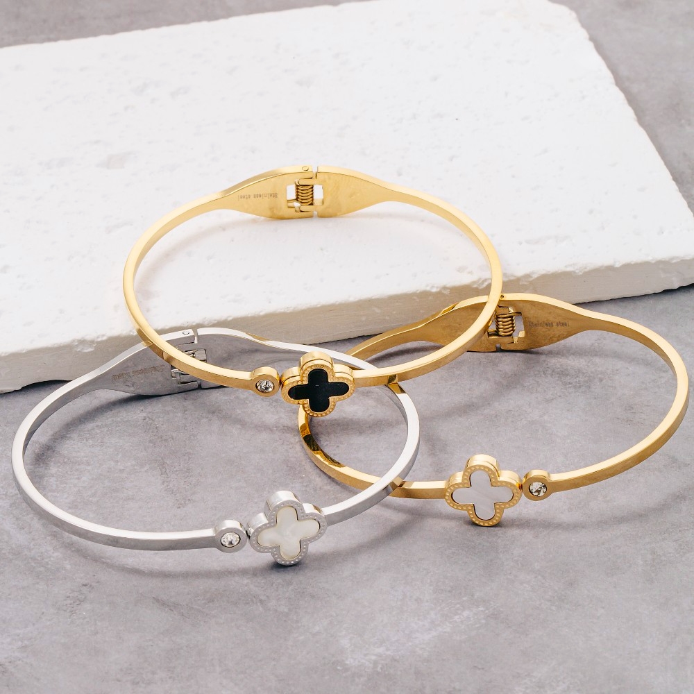 Stainless Steel Clover Open Bangle Bracelet