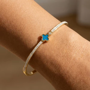 Stainless Steel Crystal Clover Bangle Bracelet
