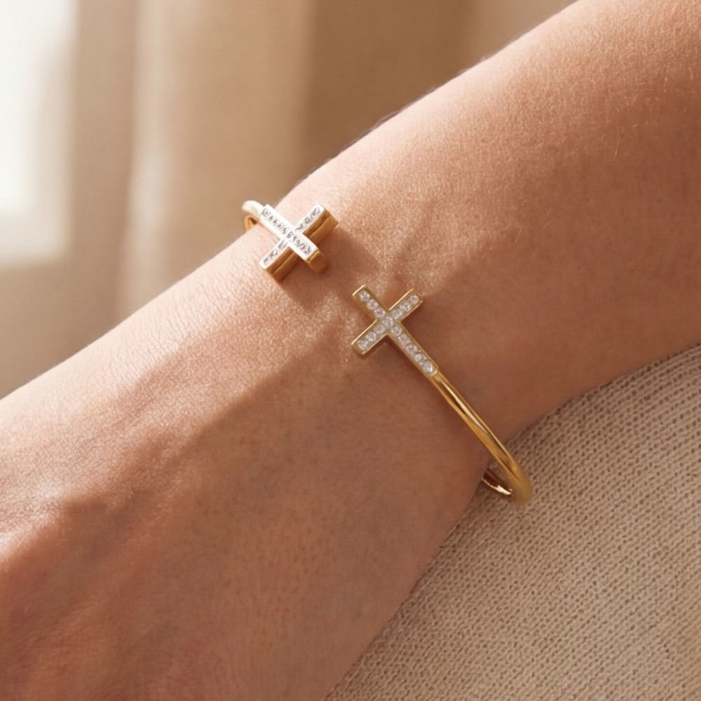 Stainless Steel Double Pave Cross Ends Cuff Bracelet