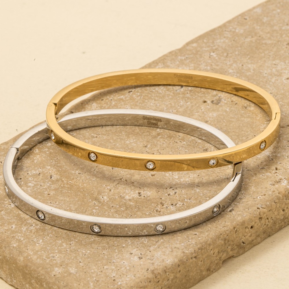 Stainless Steel Cz Studded Gold Plated Bangle Bracelet