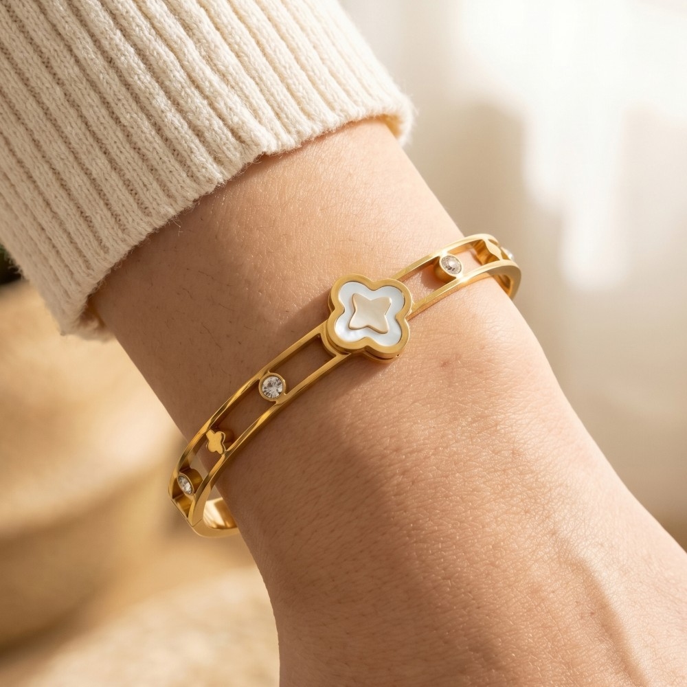 Clover Cz Mother Of Pearl Bangle Bracelet