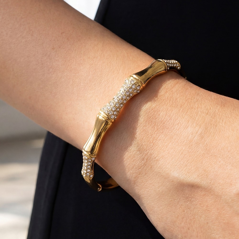 Stainless Steel Pave Bamboo Style Hinge Bangle Bracelet