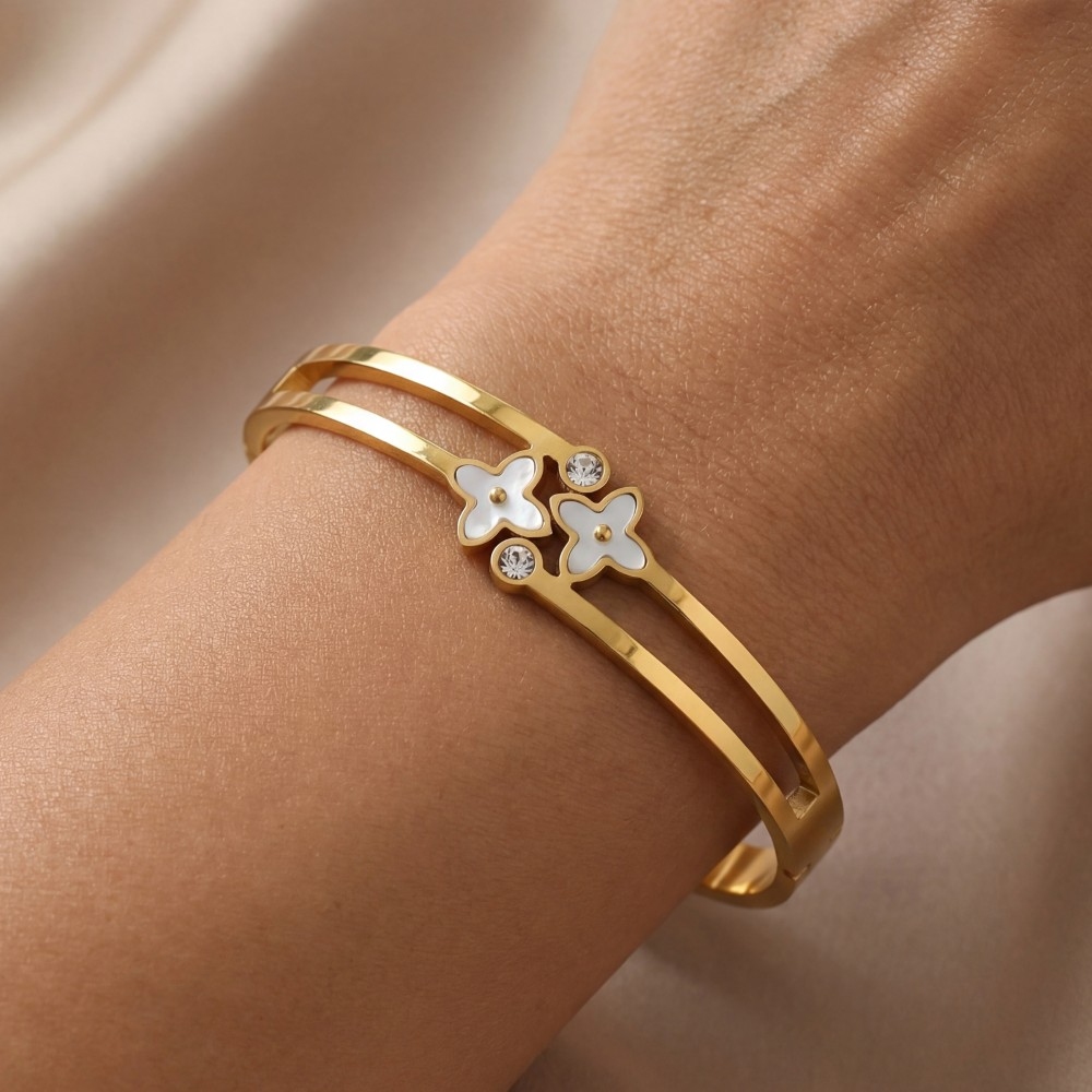Stainless Steel Double Clover Hinged Bangle Bracelet