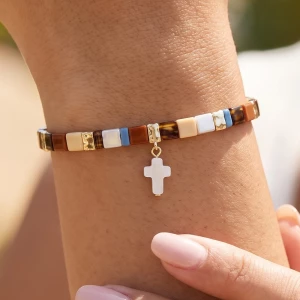Tila Bead Stretch Bracelet With Shell Cross