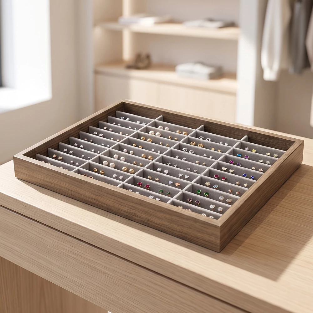 Wooden Slotted Jewelry Display Organizer Tray