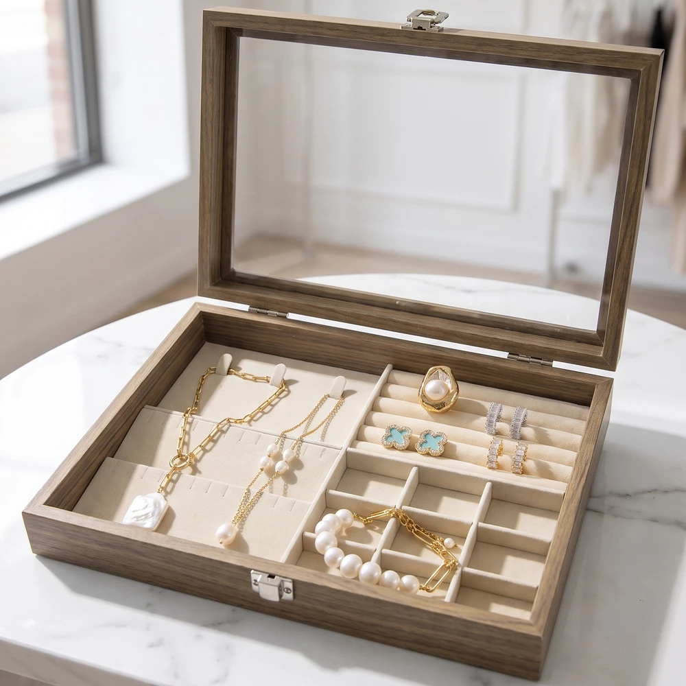 Glass Top Jewelry Display Case With Ring Rows