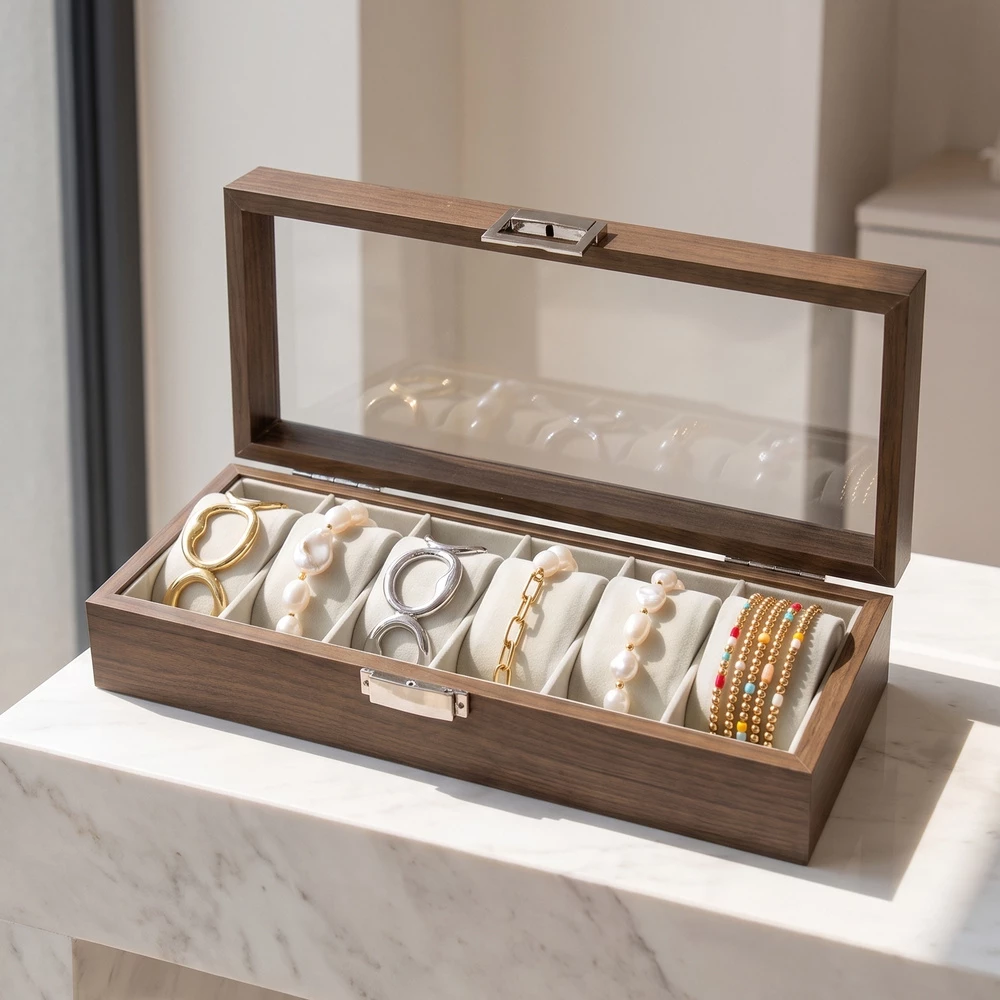 Glass Top Watch Display Case With Compartments