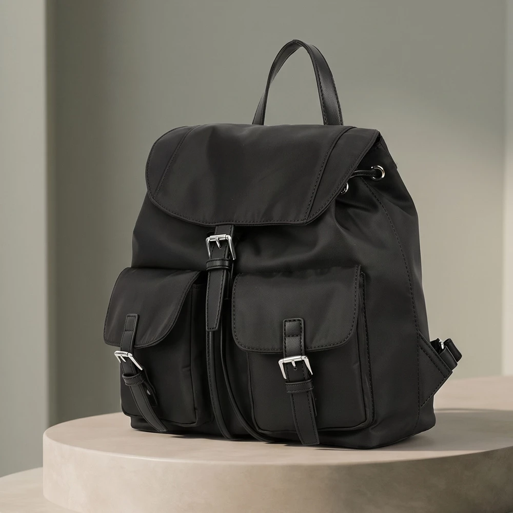 Nylon Buckle Flap Drawstring Backpack