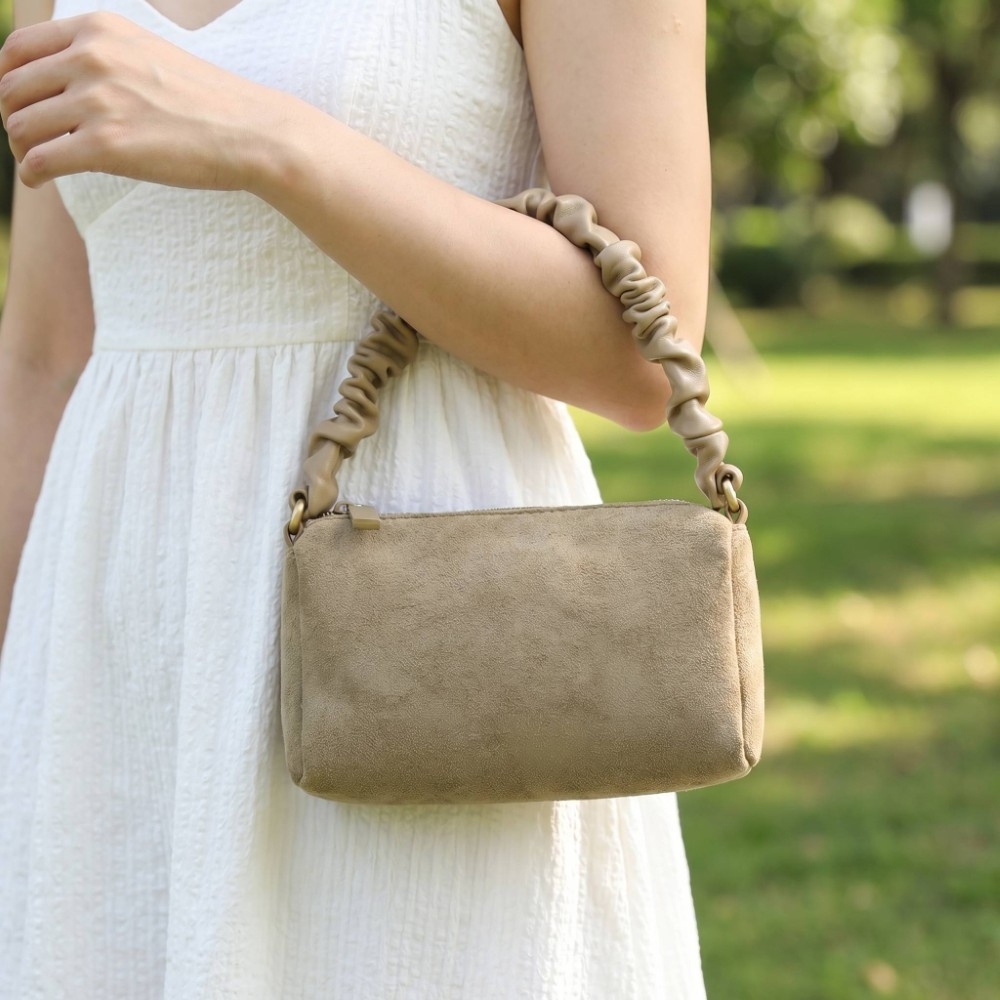 Ruched Top Handle Mini Suede Crossbody Bag