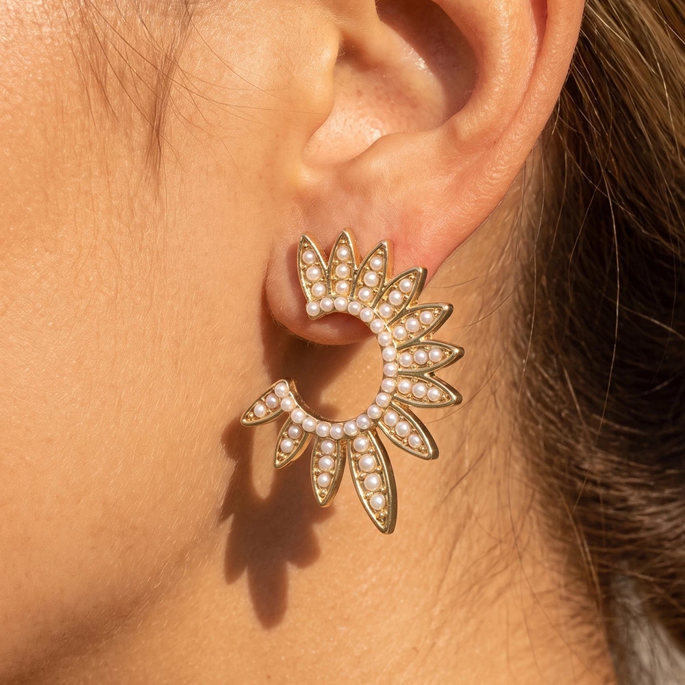Pearl Studded Sunburst Petal Open Hoop Earrings