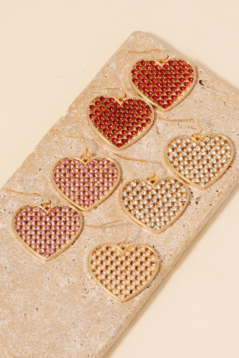 Pave Mesh Heart Charm Dangle Earrings