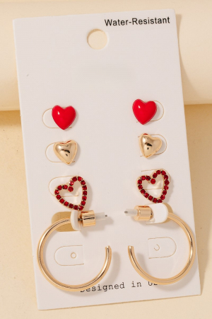 4Pc Heart Studs And Hoop Earrings Set