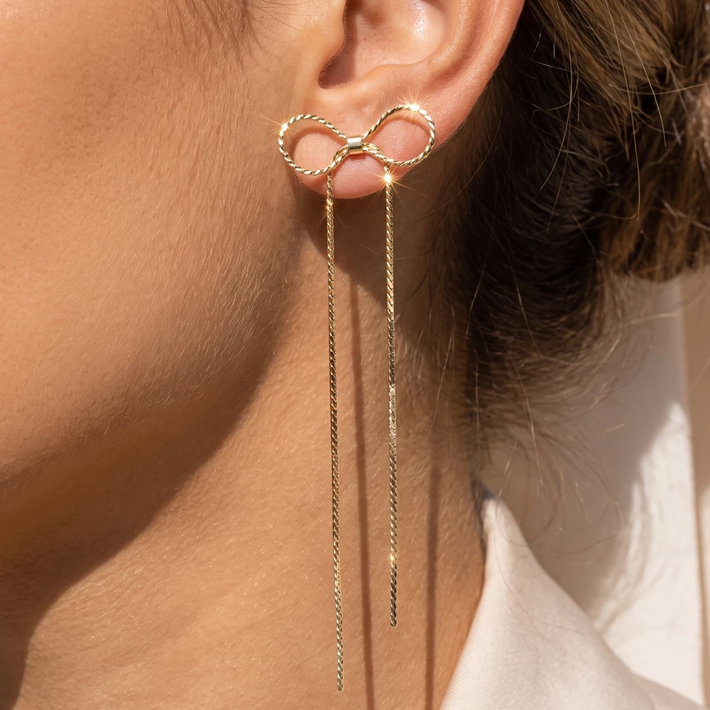 Dainty Bow Extra Long Chain Fringe Earrings